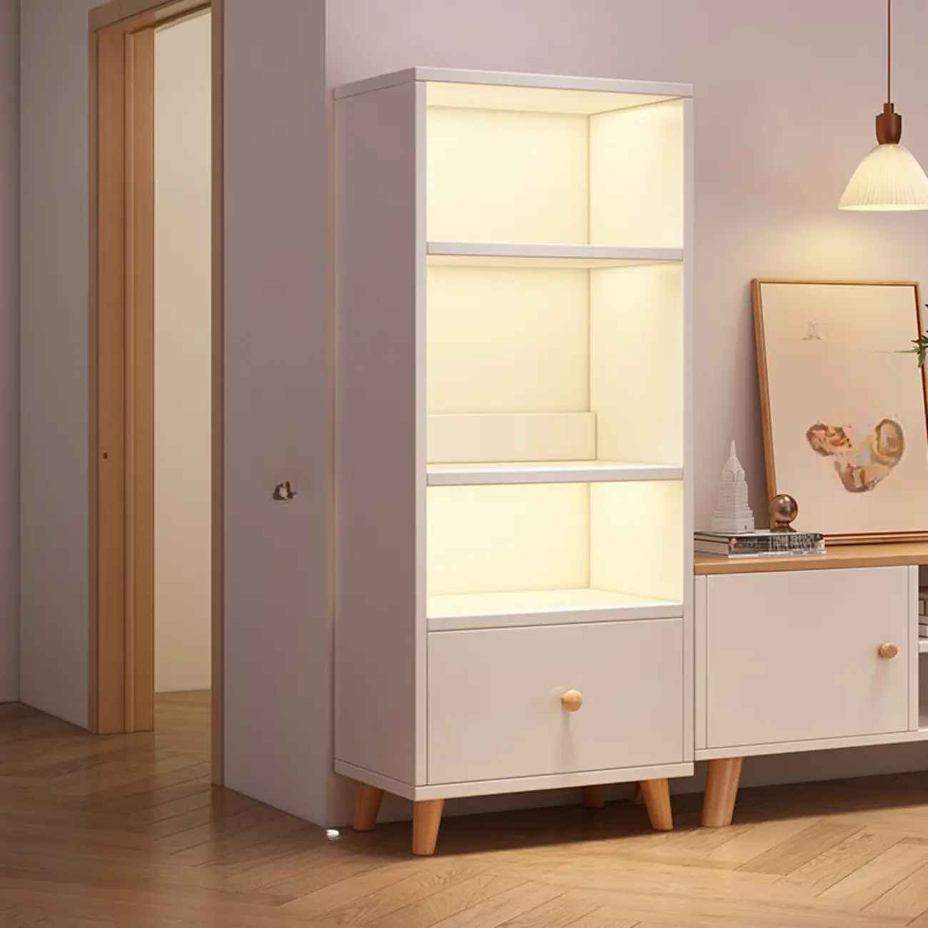 Tall Gray 4-Tier Open Back Wood Bookshelf with Drawer