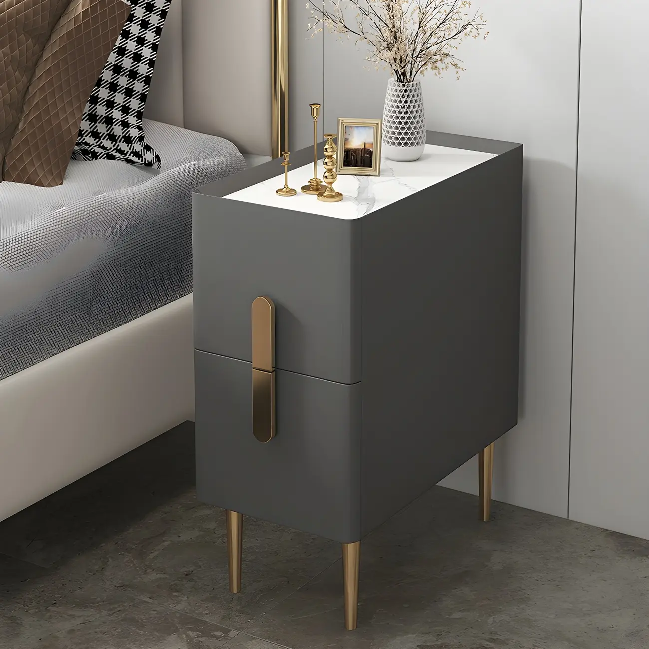 Modern Stone Countertop Faux Leather Nightstand with 2 Drawers
