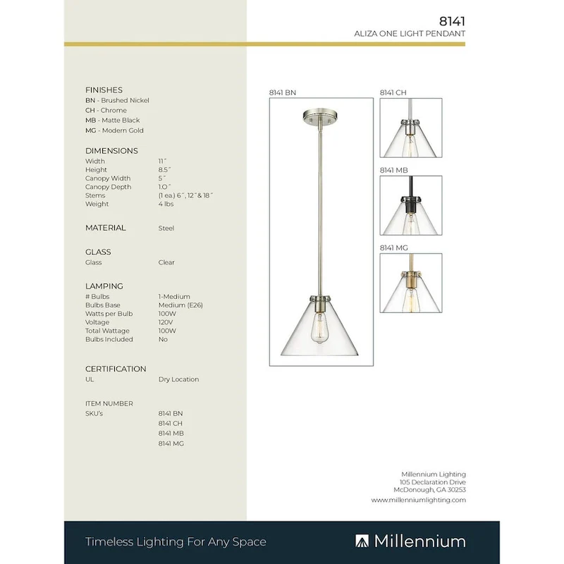 Millennium Lighting Aliza 1 Light Pendant with Clear Glass Shades