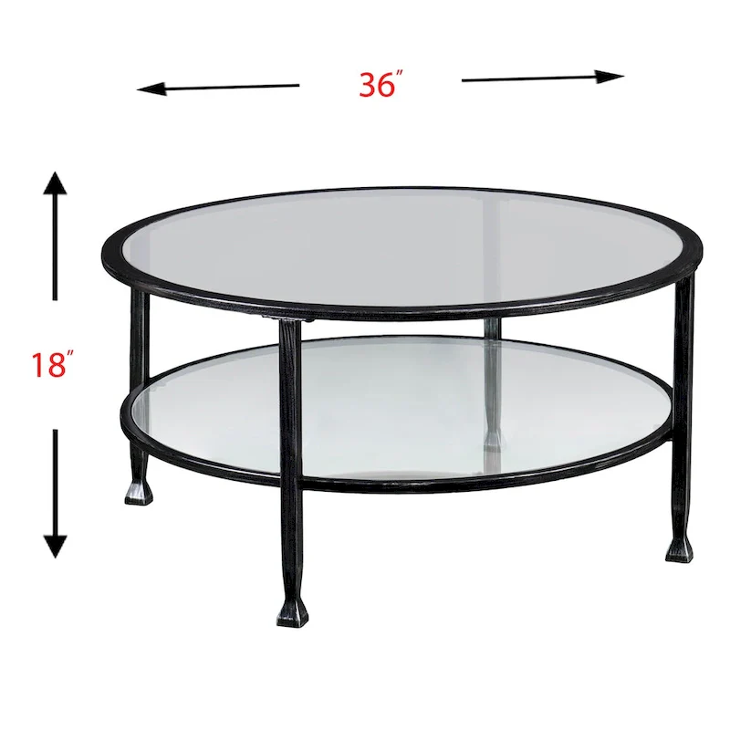 SEI Furniture Glenn Distressed Black Metal Round CoffeeTable with Glass Top and Shelf