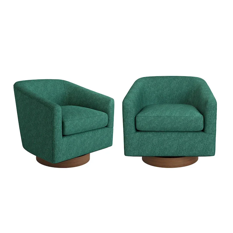 Modern Upholstered Accent Chair Fabric 360 Swivel Barrel Set of 2 Armchair Wood Frame