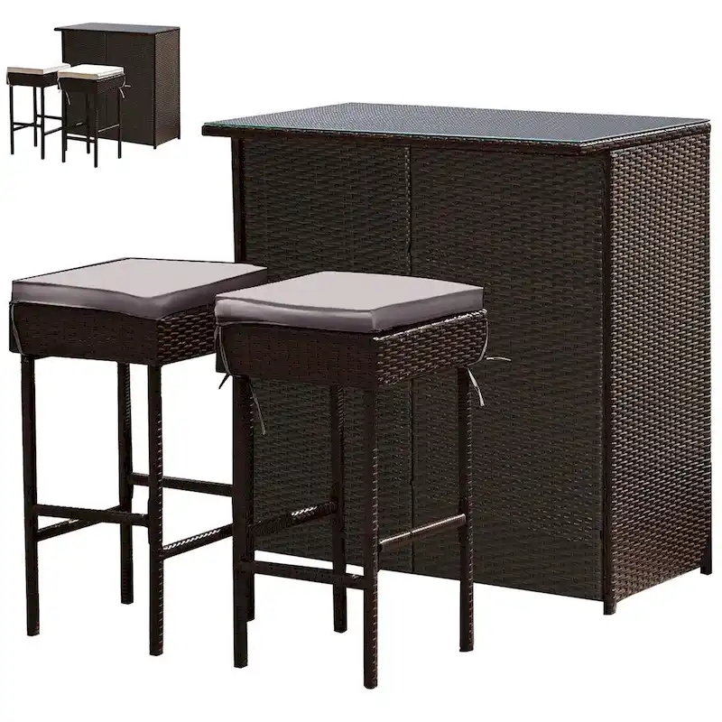 Gymax 3PCS Rattan Patio Bar Table & Stool Set Dining Set w/ Gray & Off