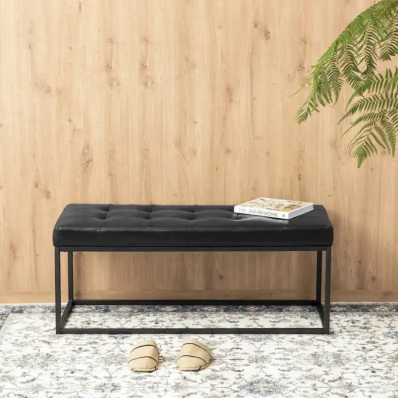 Glitzhome 45W Modern Black Tufted Upholstered Bench with Metal Frame Legs - 45W x 19H x 17.5D