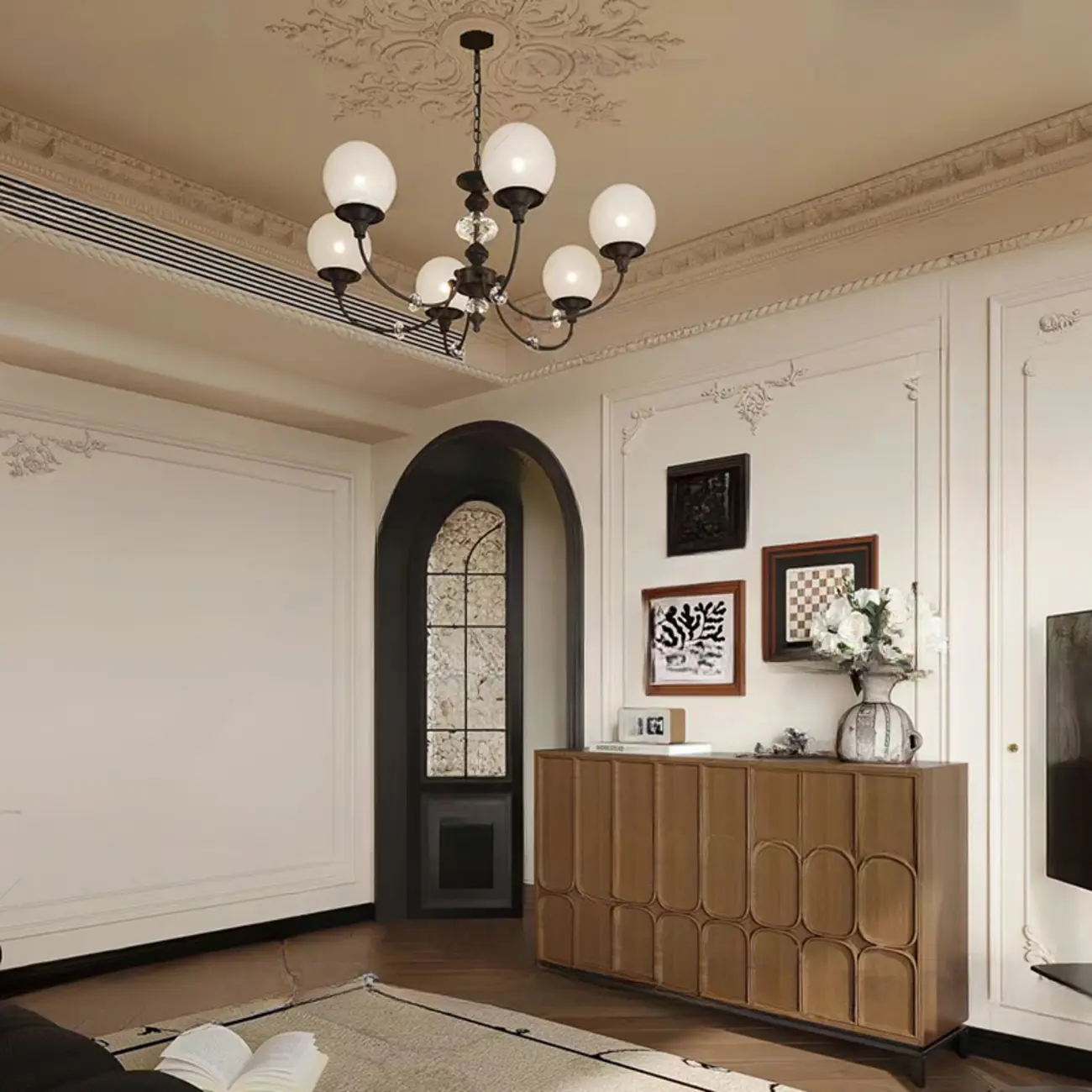 Modern Black 6-Light Glass Globe Chandelier with Crystal Accents