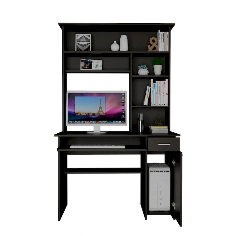 Compu 180 Hutch Desk with 5 Shelves, Retractable Keyboard Tray, CPU Panel, and Drawer