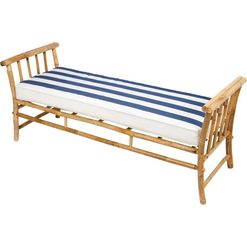 Bamboo Bench Sofa Ottoman Seat With Blue White Stripes Cushions