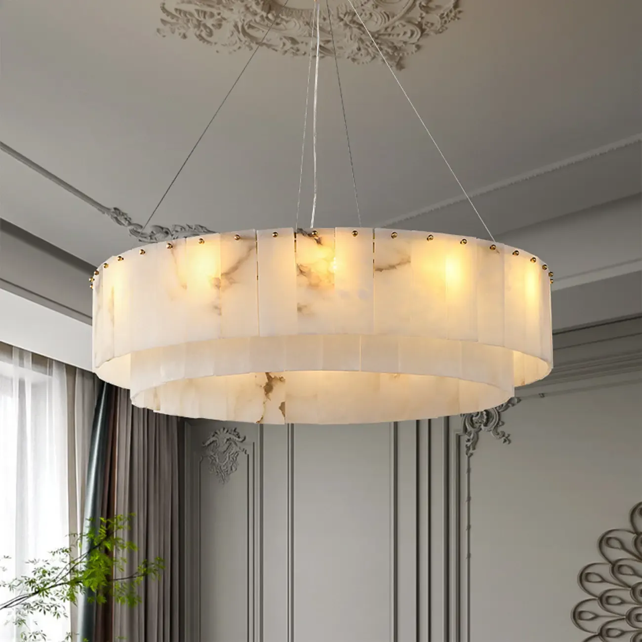 White Circular Alabaster Modern Ring Chandelier Light