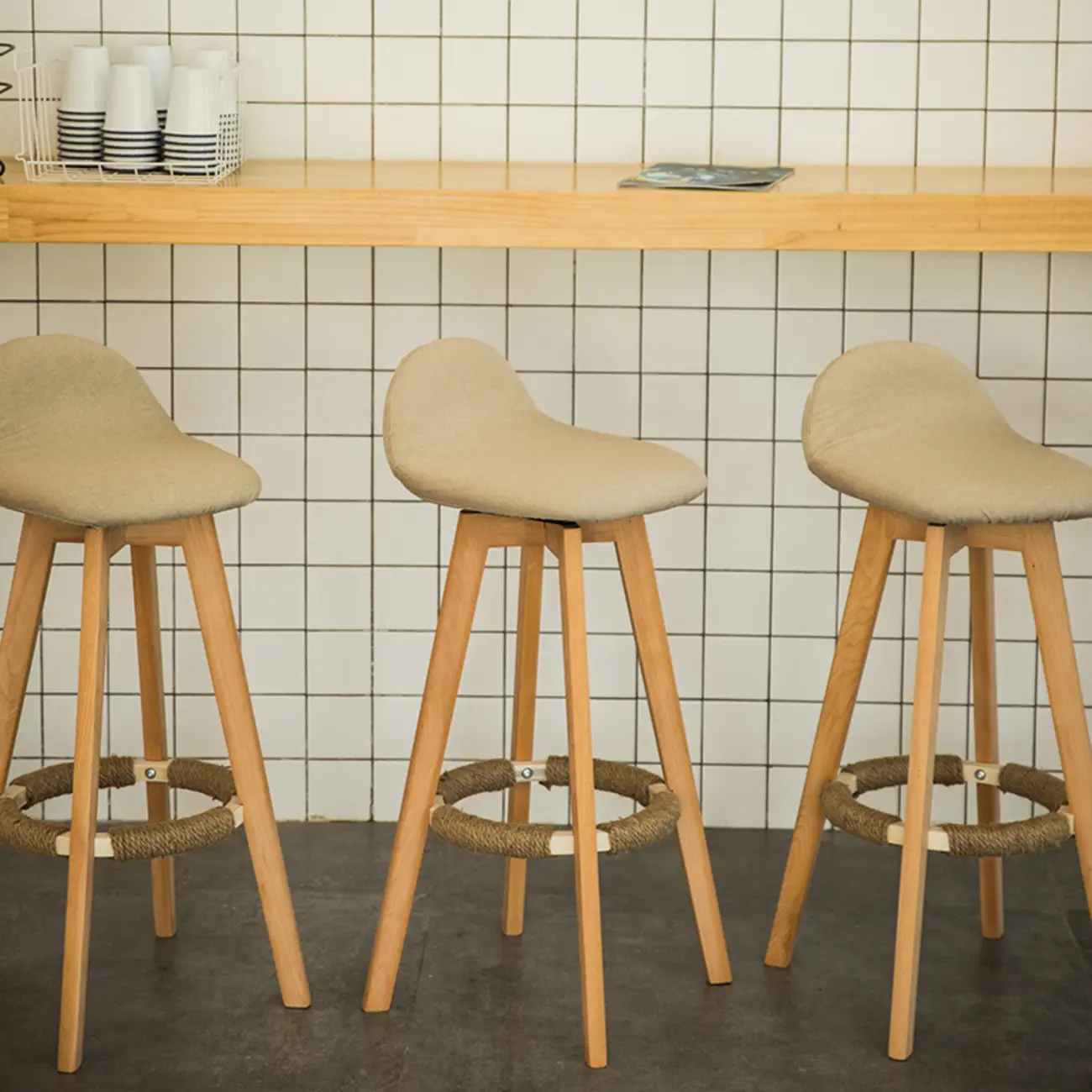 Scandinavian Wood Plush Seat Comfy Design Bar Stool