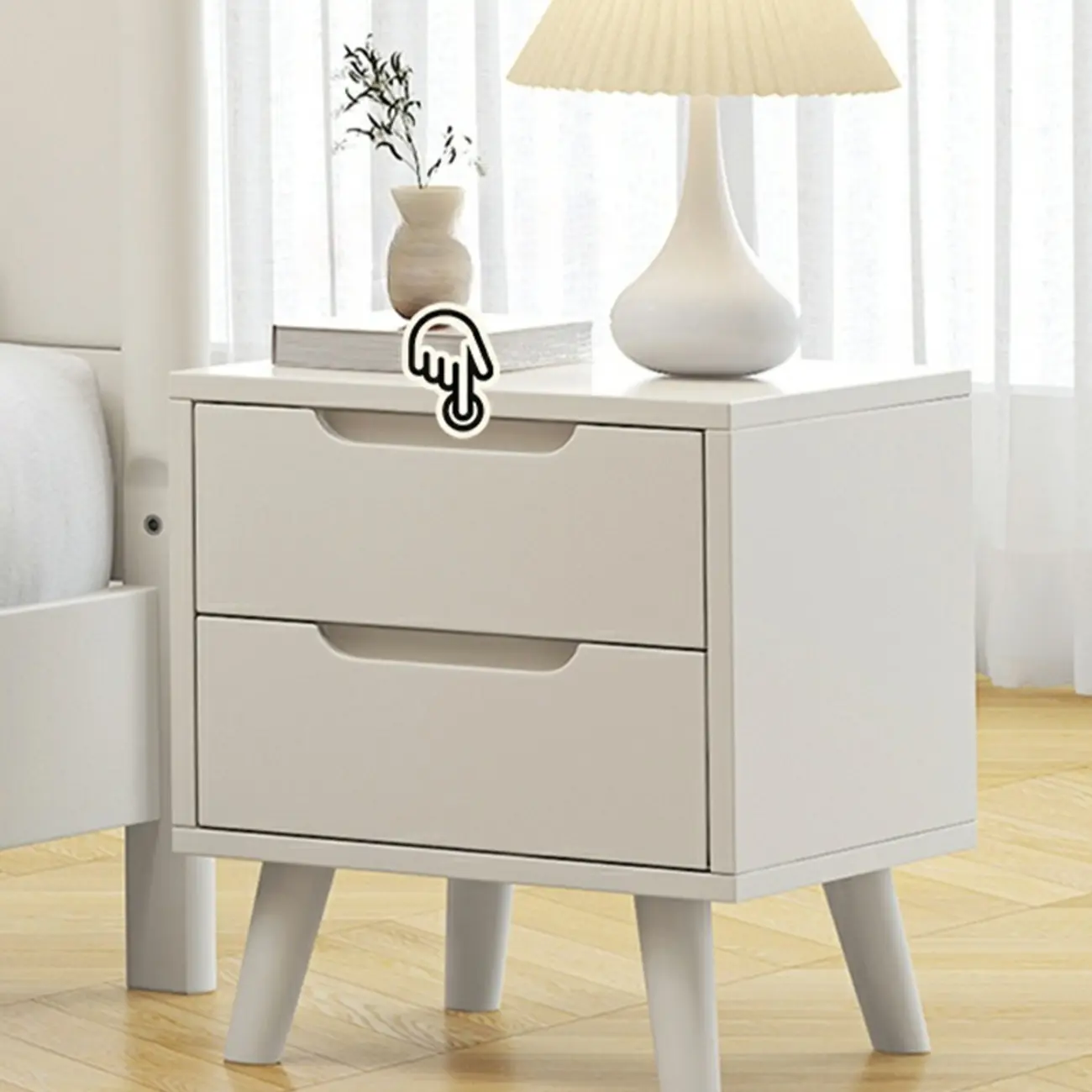 White Rubberwood 2 Drawers Narrow Nightstand with Legs