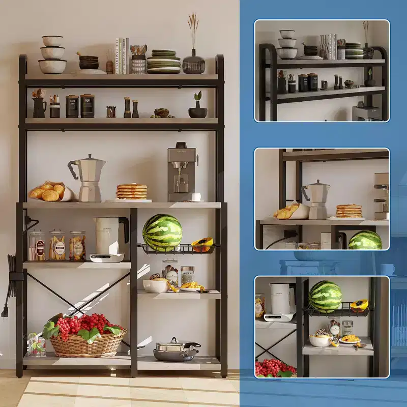 Industrial Kitchen Bakers Rack with Power Outlet - 6-Tier Space-Saving Microwave Stand