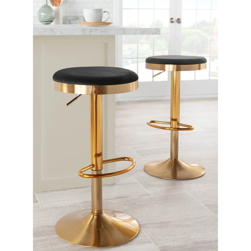 Gold Steel Barstool with Upholstered Seat - Set of 2 - Adjustable Height 23-31.75H
