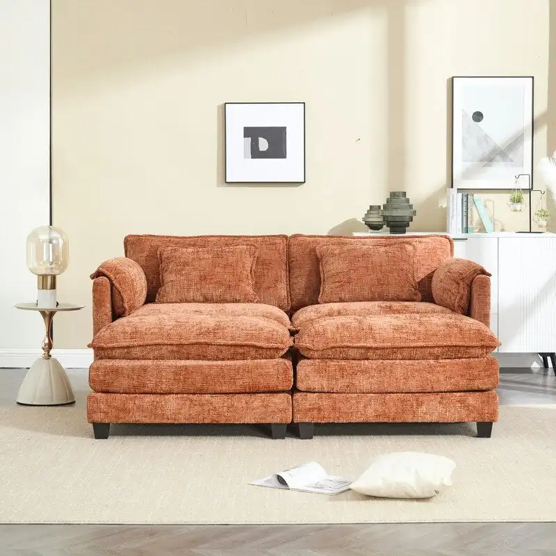 76.77  Chenille Upholstered Sofa with 2 Ottomans