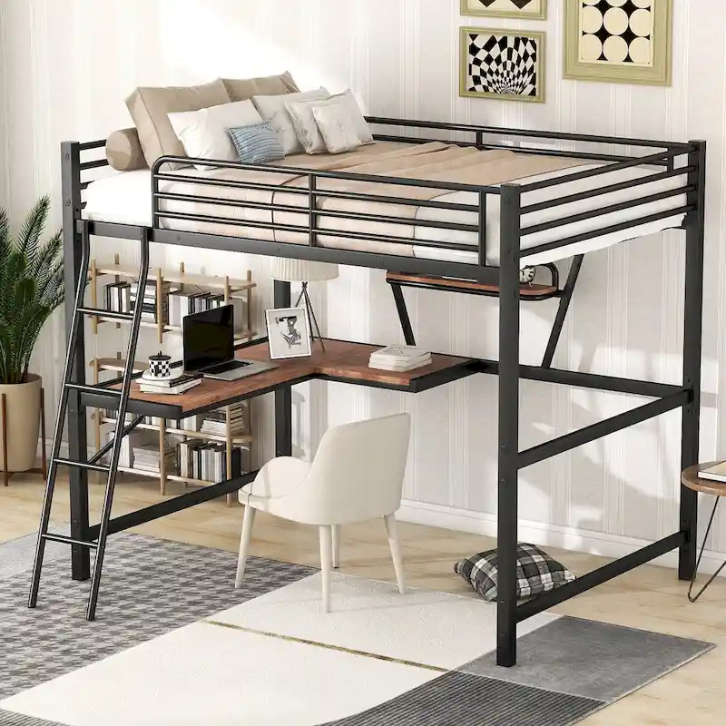 Metal Loft Bed with Integrated Desk, Shelf, and Full-Length Guardrail