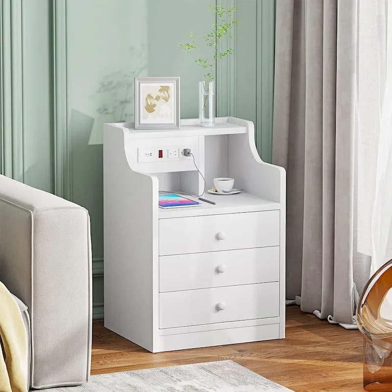 Nightstand 3 Drawers Charging Station End Side Table Bedroom