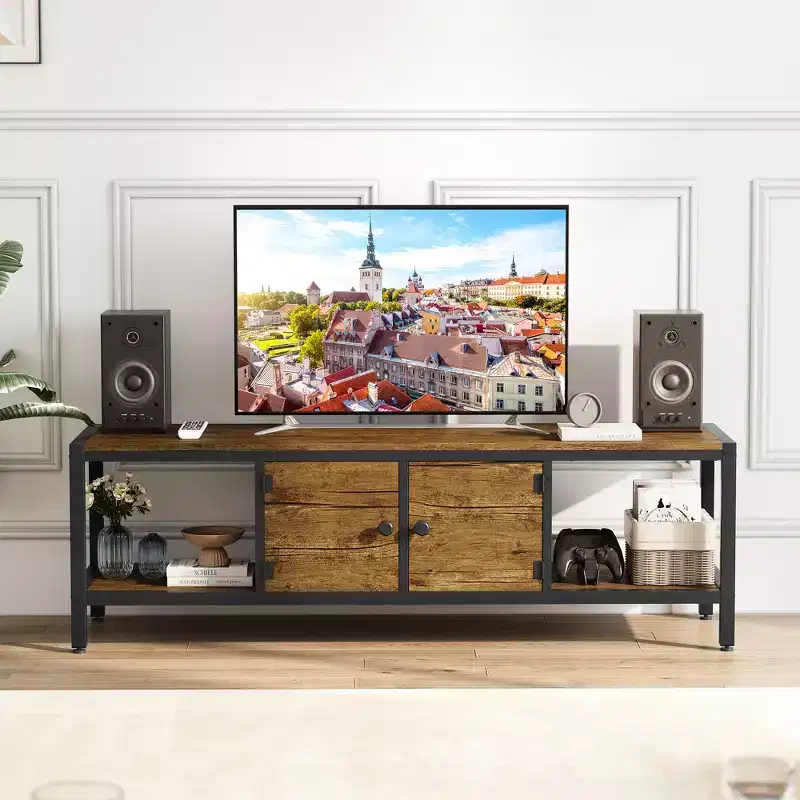 65 TV Stand, Rustic TV Stand with 2 Enclosed Storage Spaces and Open Compartment, Wooden TV Stand Table with Adjustable Legs