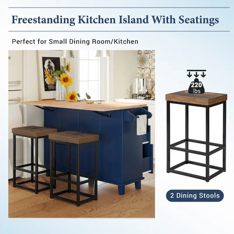 Farmhouse Kitchen Island Set with Drop Leaf Top and 2 Seatings
