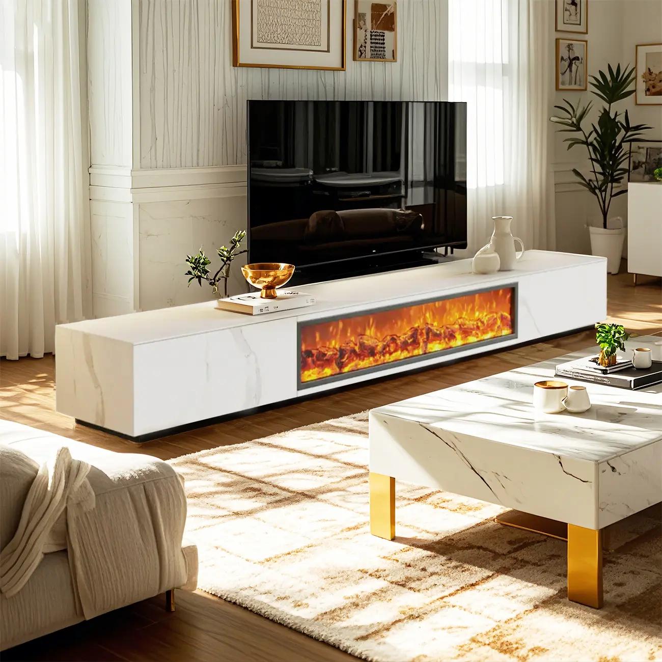 Modern Stone Fireplace TV Stand with Lighting for Living Room