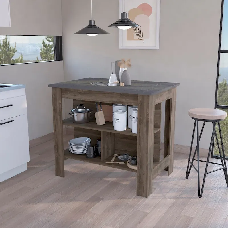 40.5 in. W Wood Kitchen Island Dining Table with 3 Shelves