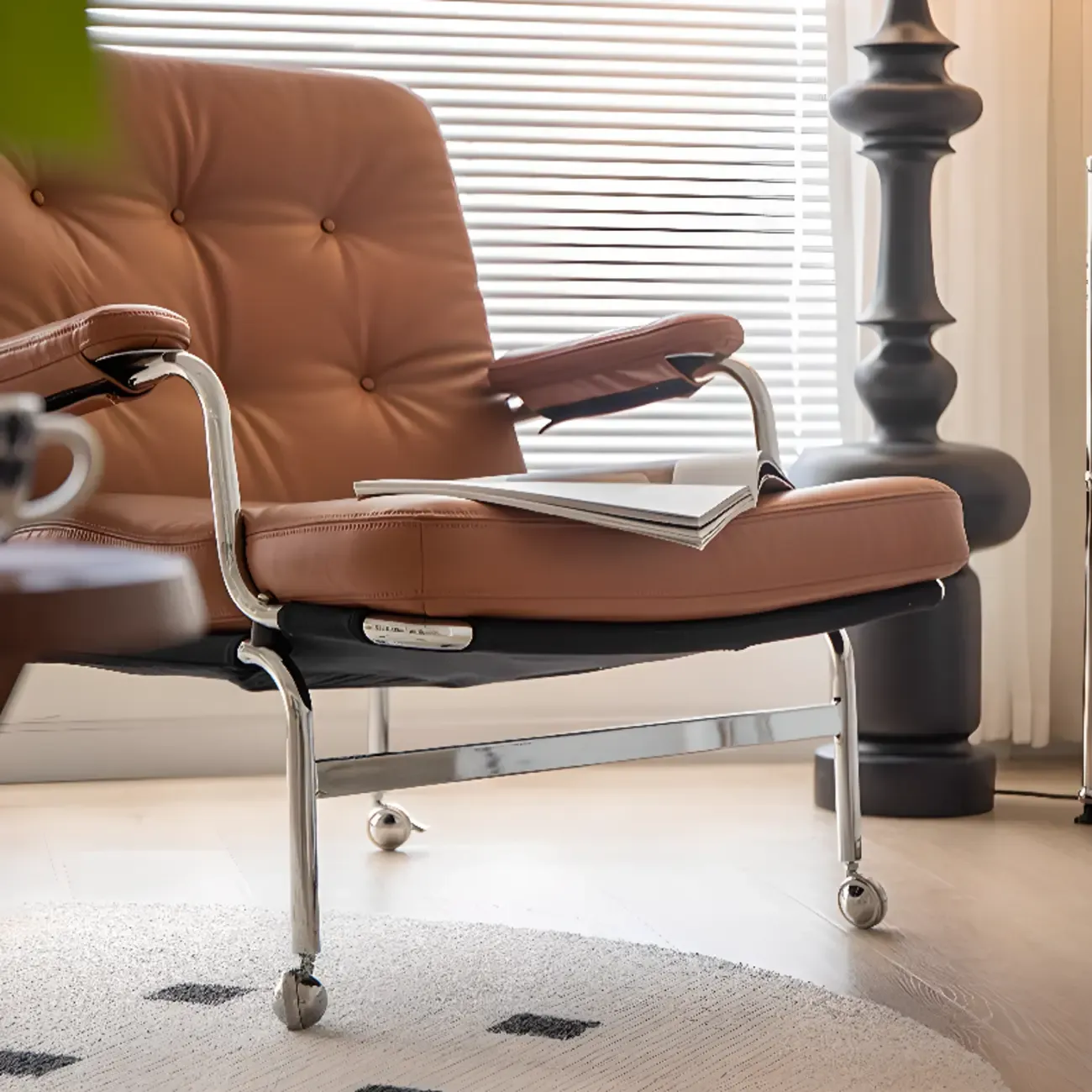 Mid Century Modern Leather Accent Chair with Casters
