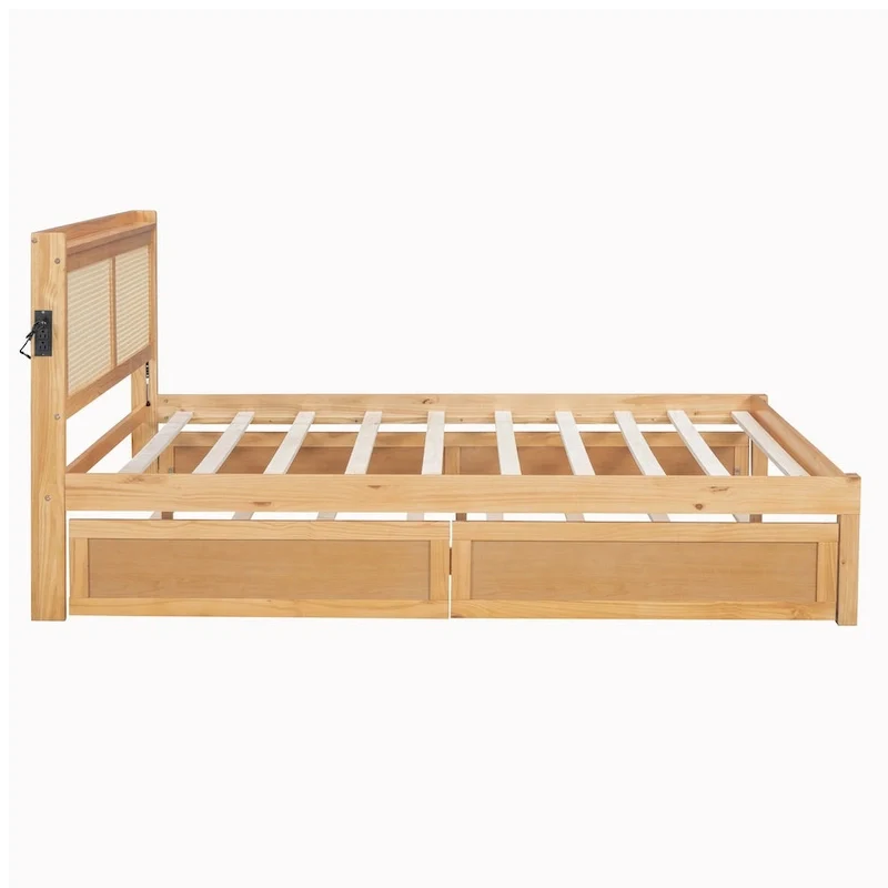 Elegant Bed Frame with Rattan Headboard and Sockets
