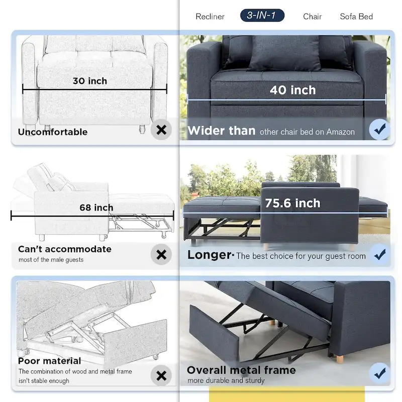 AECOJOY Adjustable Sleeper Chair Bed 3-in-1 Convertible Futon Sofa
