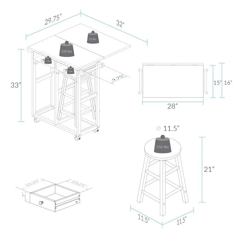 Wooden Breakfast Cart with Drop-Leaf Table, American Maple Top - N/A