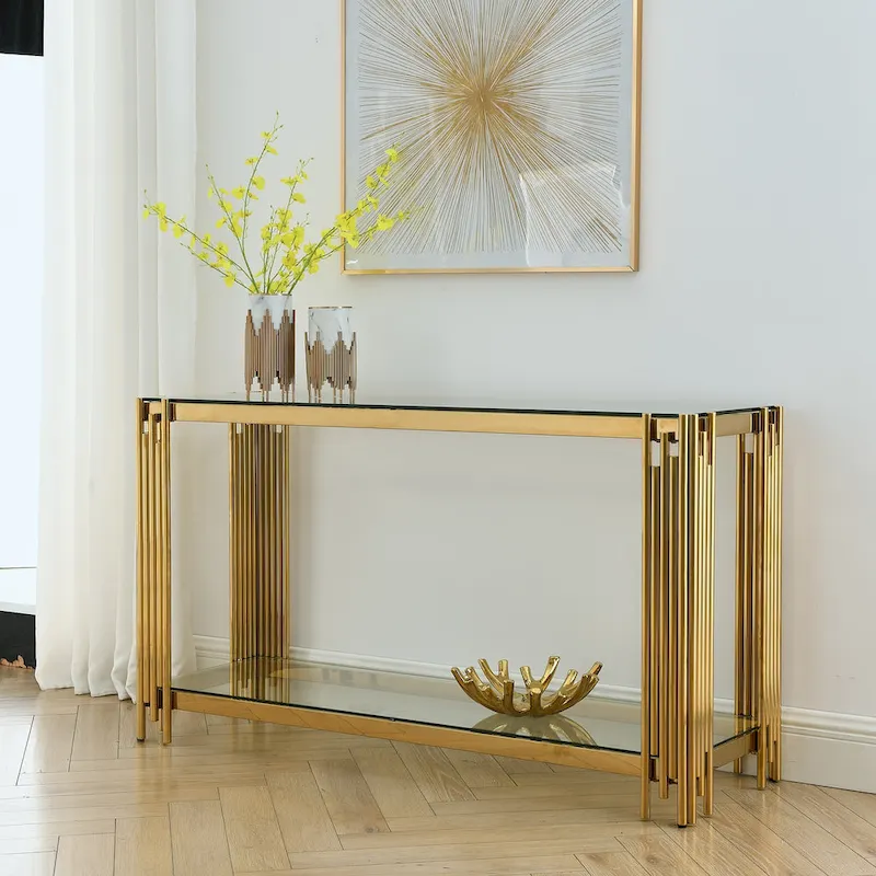Narrow 2-tier Console Table with Gold Finished Metal Frame and Tempered Glass Top