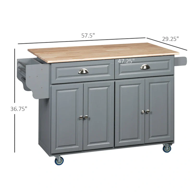 Rolling Kitchen Island, Drop-Leaf, Rubberwood Top, 2 Drawers & 2 Cabinets, 4 Wheels, 57.5