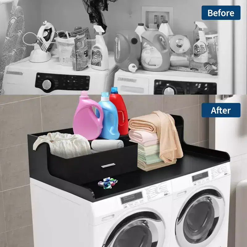 Laundry Countertop, 2-Tier Washer Dryer Countertop with 2 Drawers - 2.75'' Edge Rails, Waterproof Wood, Anti-Slip Pads (54''W27.55''D)