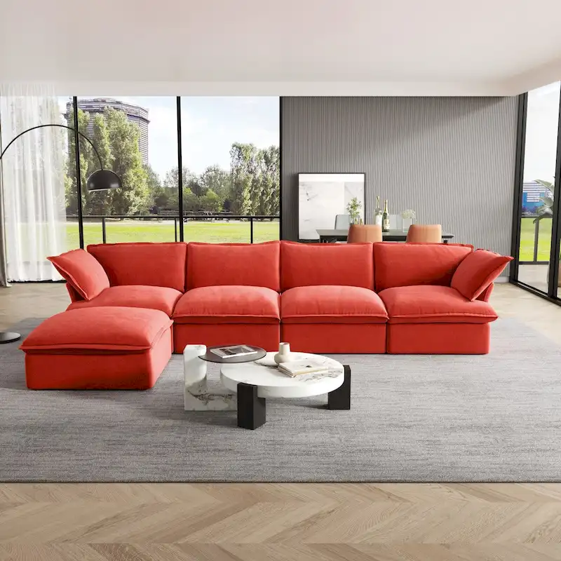 Cloud Sectional Sofa, 5-Seater Down Feather Modular Sofa L-shaped Velvet Wide Deep Seat Convertible Couch.