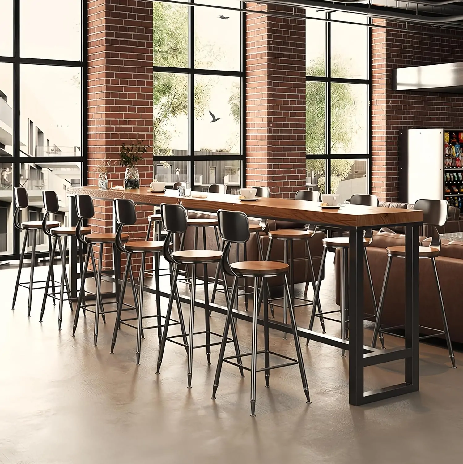 Brown Rectangular Pine Wood Bar Table with Steel Base