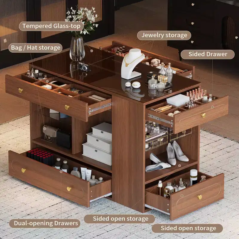 Whisen Closet Island with 6 Drawers, Glass Display Top and Open Shelves, Compartments