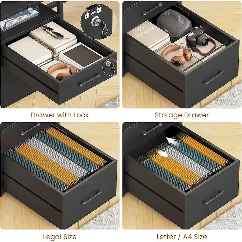 LED Computer Desk With Lock Drawers Keyboard Tray Power Outlet