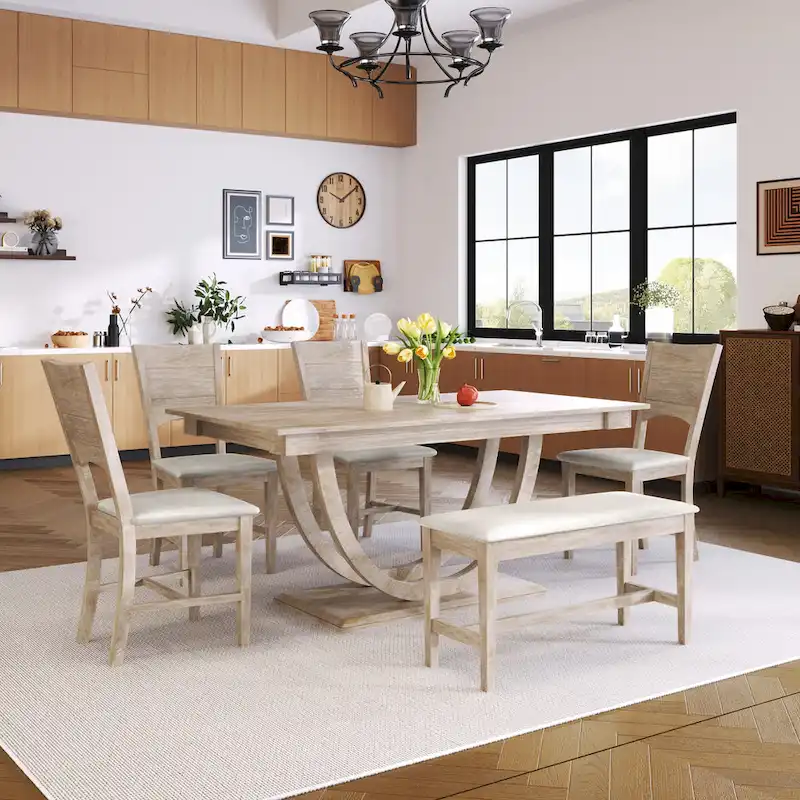 6-Piece Wooden Dining Table Set with Rectangular Table & 4 Chairs