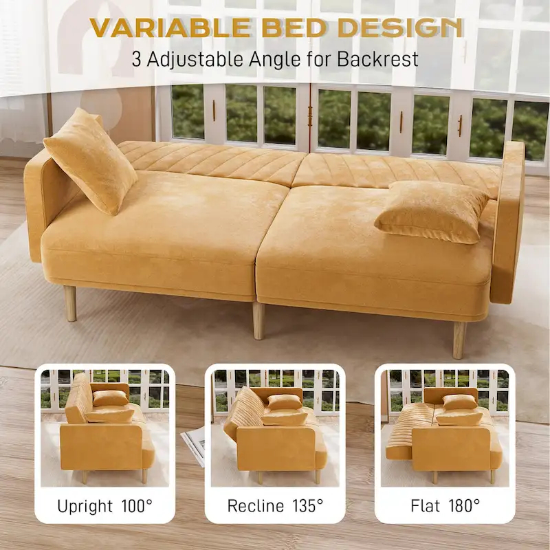Upholstered Tufted Convertible Futon Sofa Bed, Velvet Sleeper Couch, 3 Seater Tufted Sofa with Adjustable Backrests