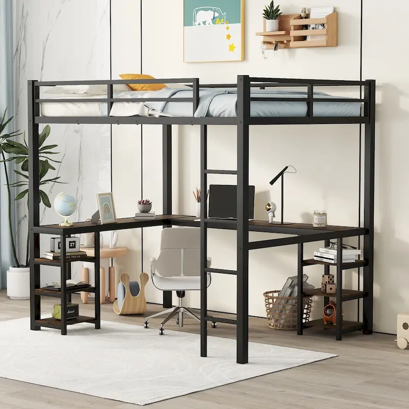 Black Full Metal Loft Bed with Desk & Shelves