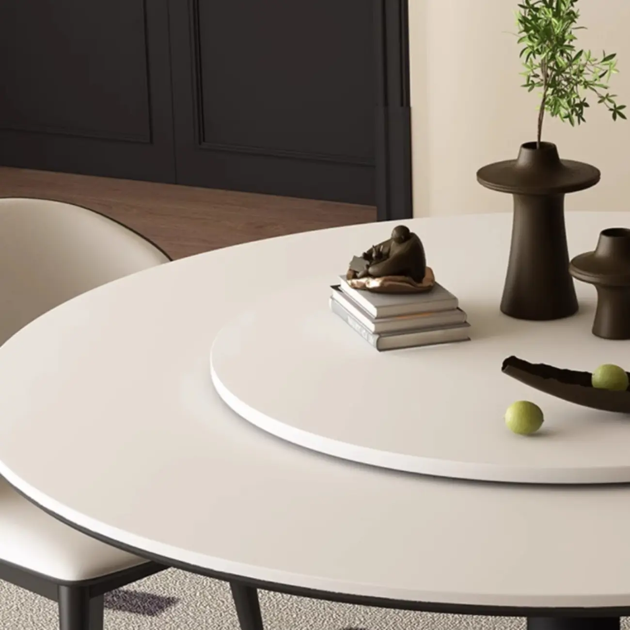 Modern Black Pedestal White Stone Top Round Dining Table