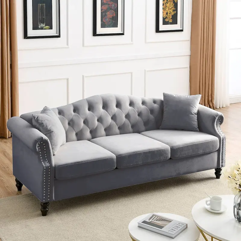 79 Chesterfield Sofa Velvet for Living Room, 3 Seater Sofa Tufted Couch with Rolled Arms and Nailhead ,two pillows