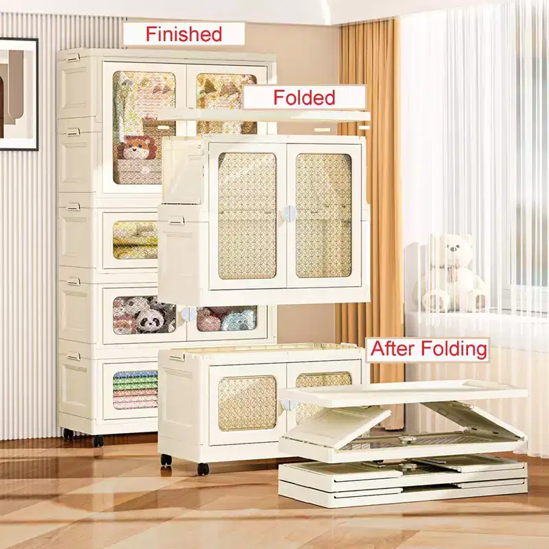 2-Tier Stackable Wood Storage Closet with Transparent Doors and Wheels