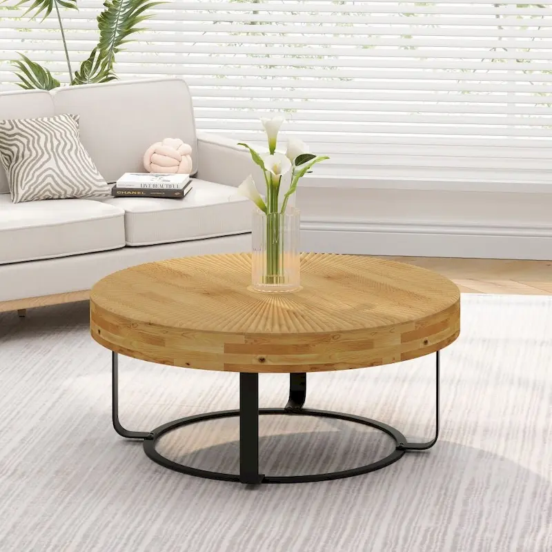 Modern Round Wooden Carving Pattern Coffee Table