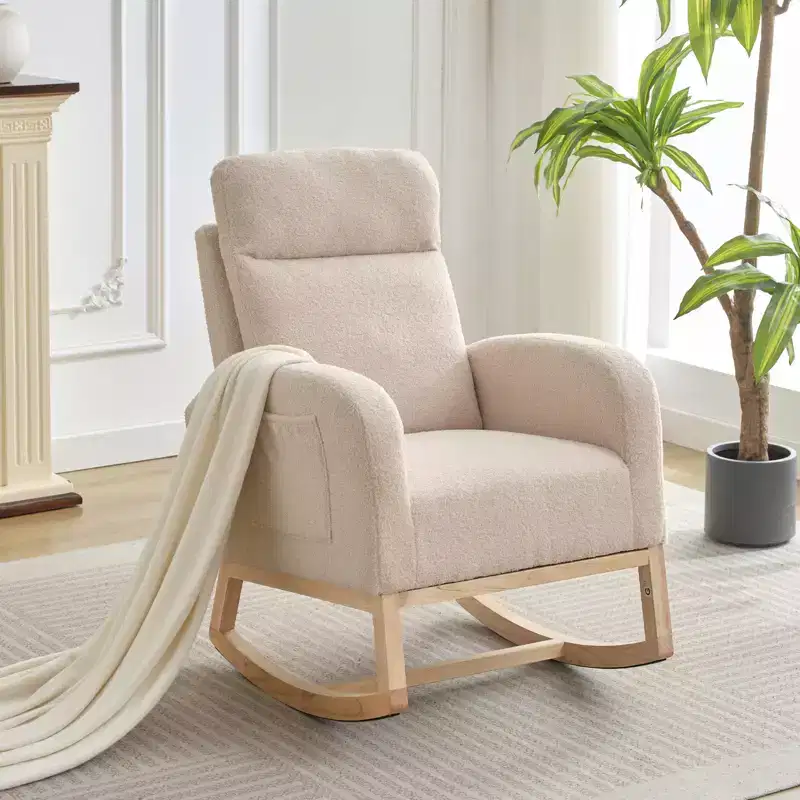 COZONY Upholstered Glider Rocker Chair with High Backrest & Wooden Legs, Comfy Nursery Rocking Accent Chair with Side Pocket for Living Room