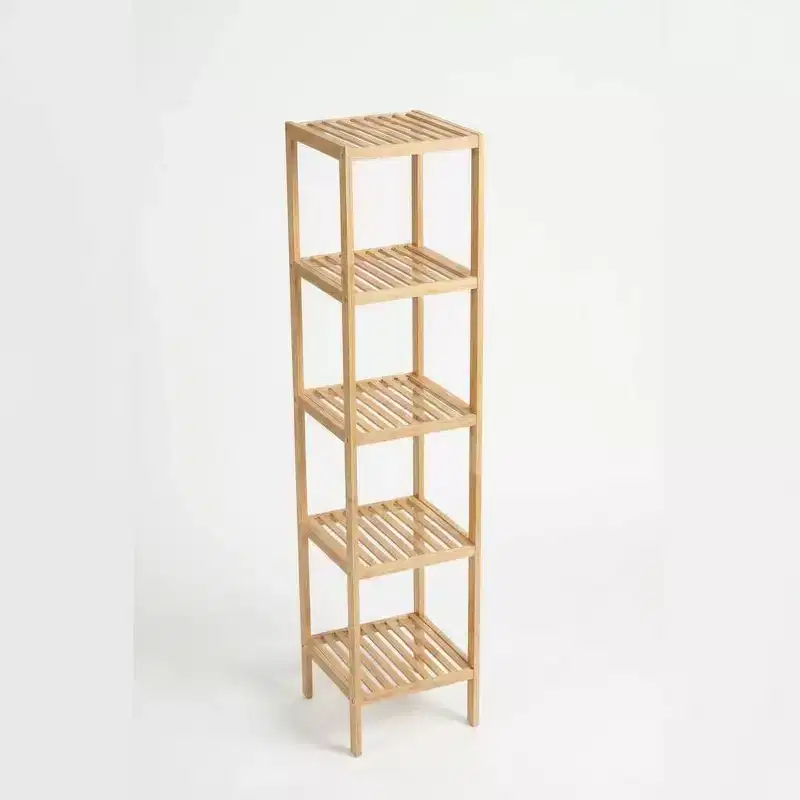 Natural Wood 5-Tier Narrow Shelf – Slatted, Floor Standing, Single-Person Assembly