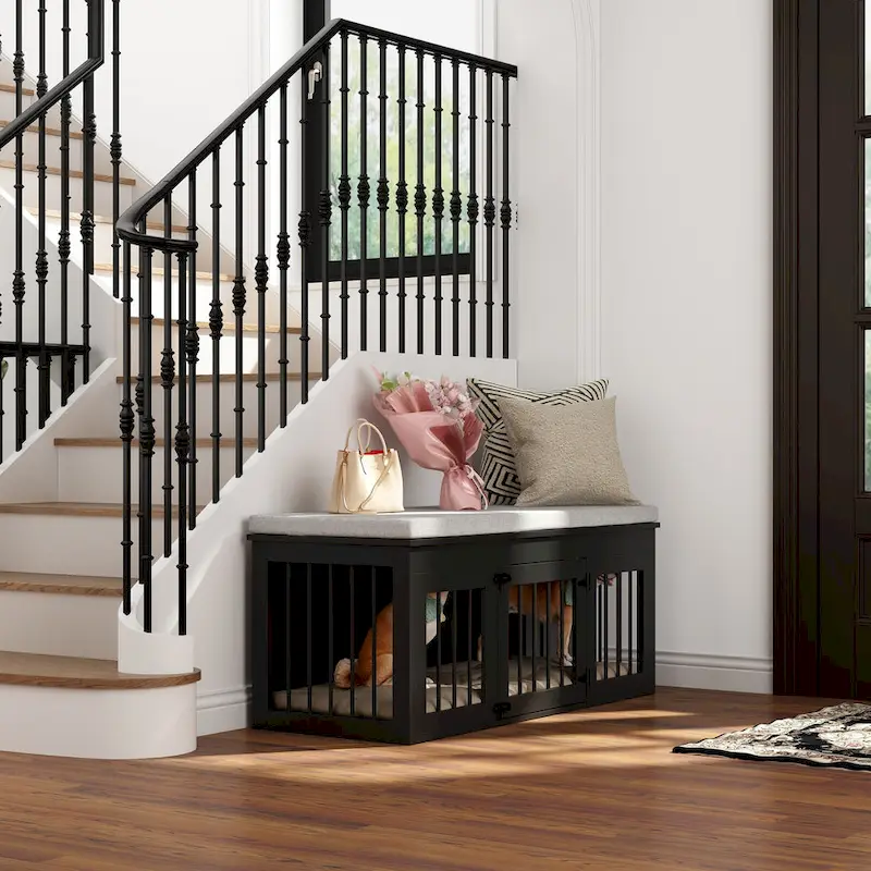 Chic Pet Haven: Luxe Wooden Dog Crate & Designer Home Bench - 47.2