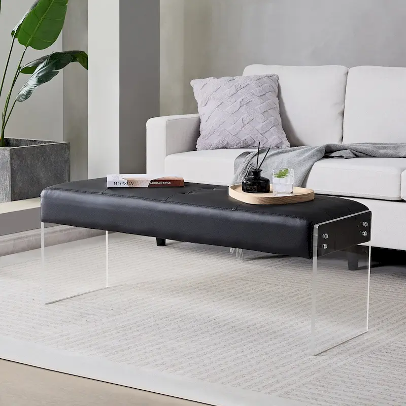 Upholstered Entryway Bench, Faux Leather Bedroom/Living Room Bench, Acrylic Base 44.7-inch