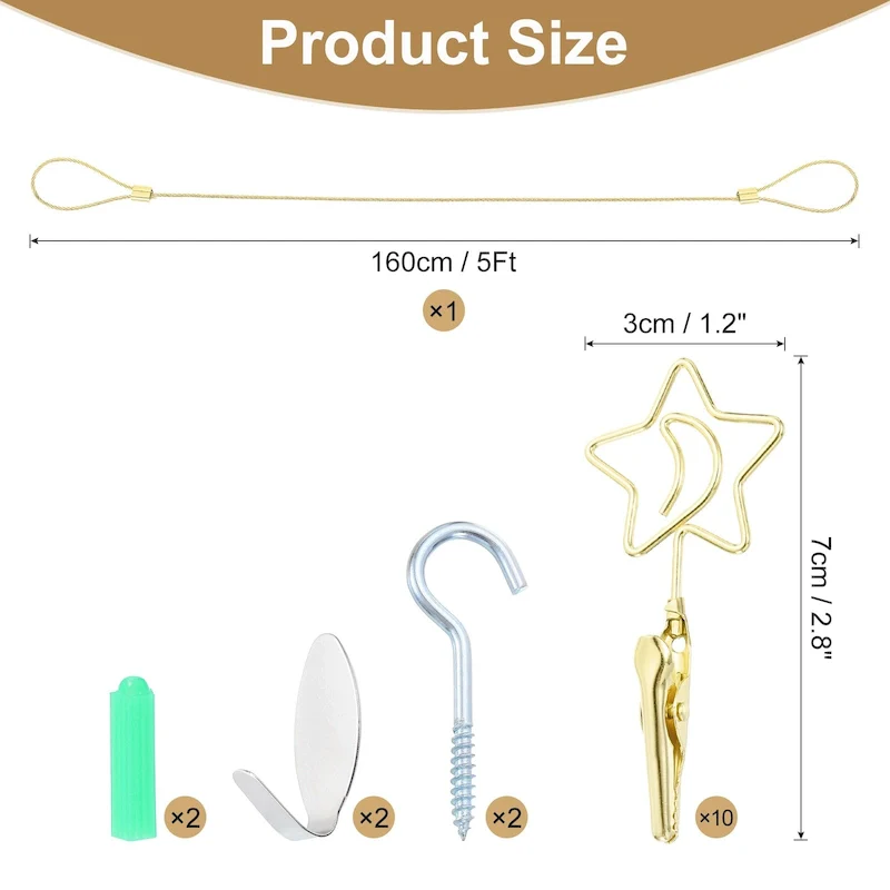 5Ft Wall Hanging Photo Display Cable Wire Rod with 10 Star Shaped Clips