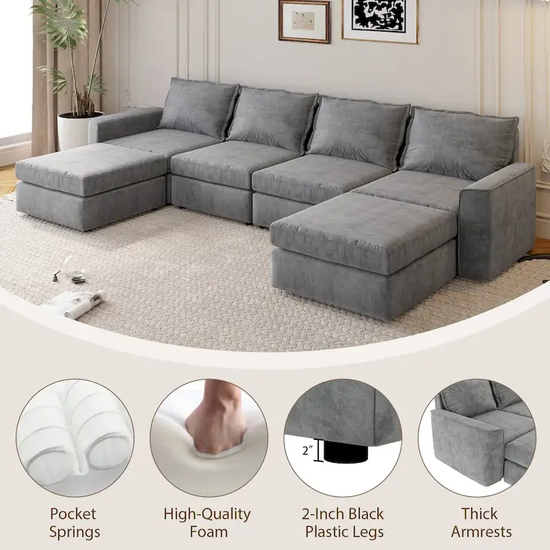 Grey 115 Convertible U-Shaped 6-Seat Modular Sectional Sofa with Ottoman, Customizable Fabric, and Tilting Armrests