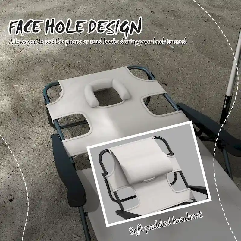 Tanning Chaise Lounge Chair, 4-Position Beach Chair With Face & Arm Holes, Pillow Headrest