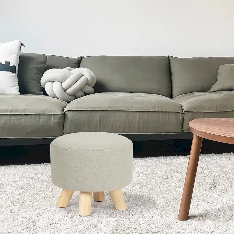 Adeco Modern Round Ottoman Home Footrest Stool/ Linen Fabric Seat Pouf