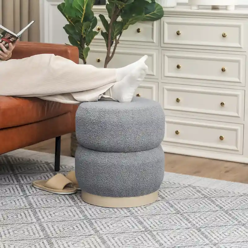 Adeco Teddy Round Upholstered Ottoman Stool