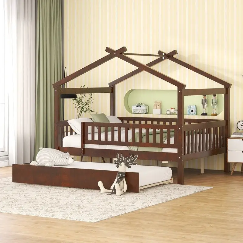 Full Size Wooden House Bed with Twin Size Trundle, Kid's Bed